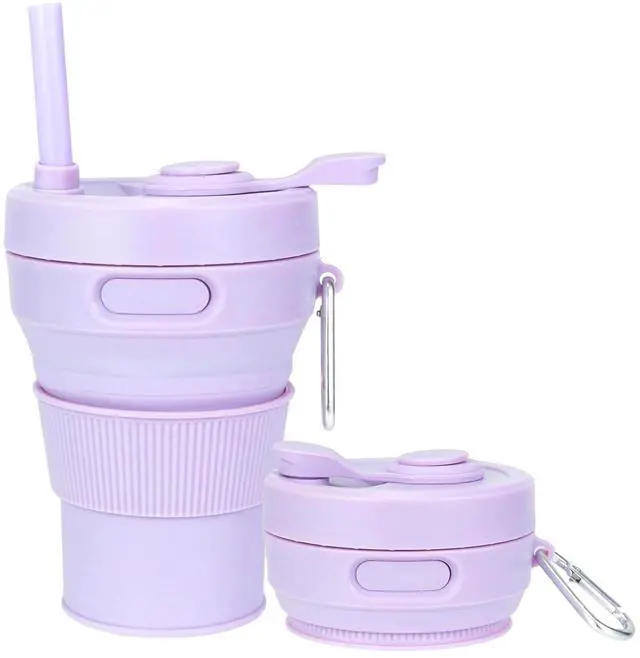 Main image of Silicone Collapsible Travel Mug Purple 15oz / 450ml - Leak-Proof Reusable Silicone Water Bottle for Hot and Cold Beverages - Travel Office and Home - Dishwasher Safe - Straw Included