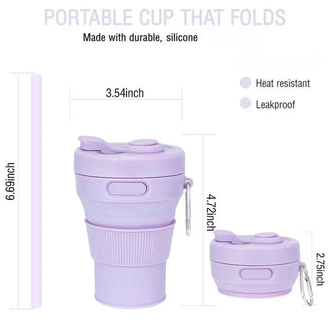 Alt view image 2 of 6 - Silicone Collapsible Travel Mug Purple 15oz / 450ml - Leak-Proof Reusable Silicone Water Bottle for Hot and Cold Beverages - Travel Office and Home - Dishwasher Safe - Straw Included
