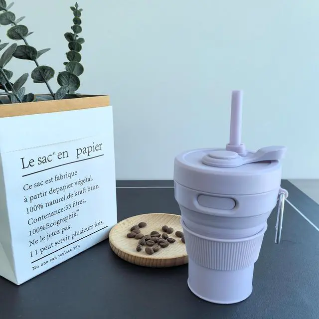 Alt view image 4 of 6 - Silicone Collapsible Travel Mug Purple 15oz / 450ml - Leak-Proof Reusable Silicone Water Bottle for Hot and Cold Beverages - Travel Office and Home - Dishwasher Safe - Straw Included