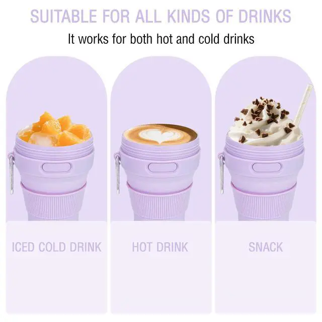 Alt view image 3 of 6 - Silicone Collapsible Travel Mug Purple 15oz / 450ml - Leak-Proof Reusable Silicone Water Bottle for Hot and Cold Beverages - Travel Office and Home - Dishwasher Safe - Straw Included