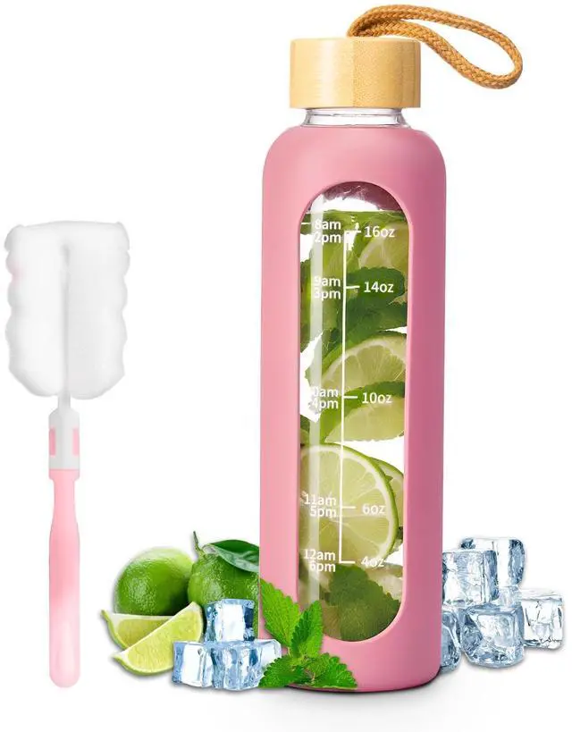 Main image of Glass Water Bottles, Water Bottle with Time Marker (pink)