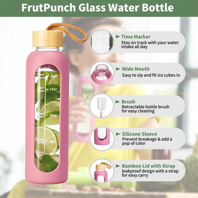 Alt view image 2 of 6 - Glass Water Bottles, Water Bottle with Time Marker (pink)