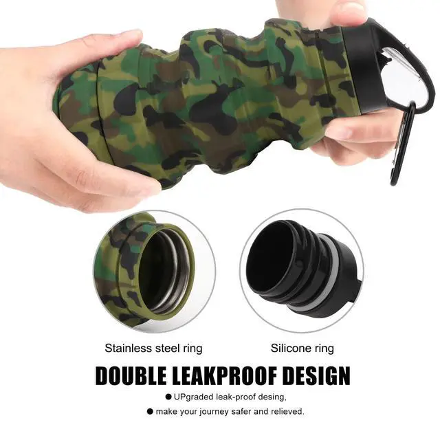 Alt view image 2 of 7 - Collapsible Water Bottle Sports Bottle 19.5OZ/580ml Travel Water Bottle for Men Women Kids. BPA Free Food Grade Silicone. (Army green camouflage)