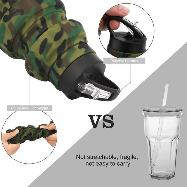 Alt view image 3 of 7 - Collapsible Water Bottle Sports Bottle 19.5OZ/580ml Travel Water Bottle for Men Women Kids. BPA Free Food Grade Silicone. (Army green camouflage)