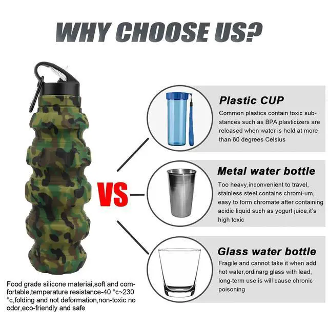 Alt view image 4 of 7 - Collapsible Water Bottle Sports Bottle 19.5OZ/580ml Travel Water Bottle for Men Women Kids. BPA Free Food Grade Silicone. (Army green camouflage)