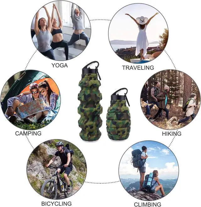 Alt view image 6 of 7 - Collapsible Water Bottle Sports Bottle 19.5OZ/580ml Travel Water Bottle for Men Women Kids. BPA Free Food Grade Silicone. (Army green camouflage)