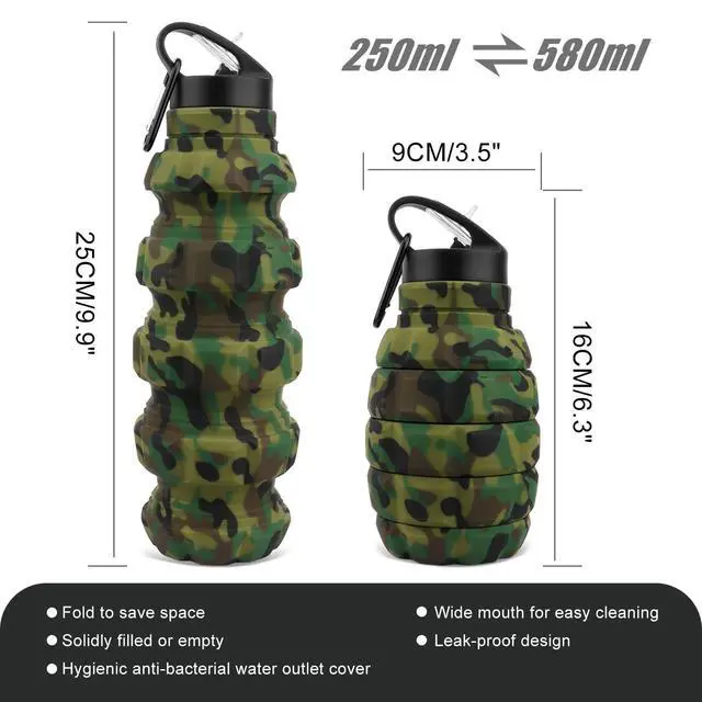 Alt view image 7 of 7 - Collapsible Water Bottle Sports Bottle 19.5OZ/580ml Travel Water Bottle for Men Women Kids. BPA Free Food Grade Silicone. (Army green camouflage)