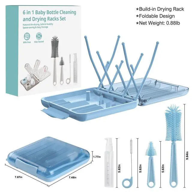 Alt view image 2 of 7 - Bottle Brush Set -Baby Travel Essential-6 in 1 Bottle Cleaner Kit with Silicone Bottle Brush,Nipple Cleaner Brush,Straw Brush,Soap Dispenser,Storage Box,Bottle Drying Rack for Home and Travel(Blue)