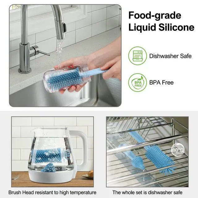 Alt view image 4 of 7 - Bottle Brush Set -Baby Travel Essential-6 in 1 Bottle Cleaner Kit with Silicone Bottle Brush,Nipple Cleaner Brush,Straw Brush,Soap Dispenser,Storage Box,Bottle Drying Rack for Home and Travel(Blue)