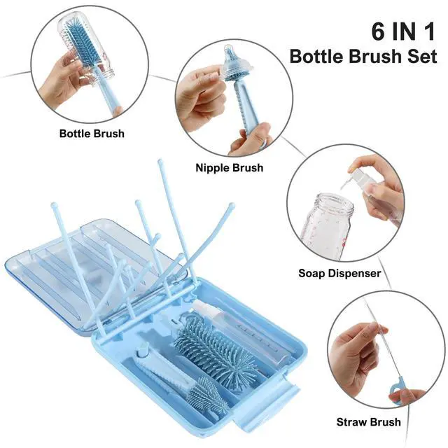 Alt view image 3 of 7 - Bottle Brush Set -Baby Travel Essential-6 in 1 Bottle Cleaner Kit with Silicone Bottle Brush,Nipple Cleaner Brush,Straw Brush,Soap Dispenser,Storage Box,Bottle Drying Rack for Home and Travel(Blue)