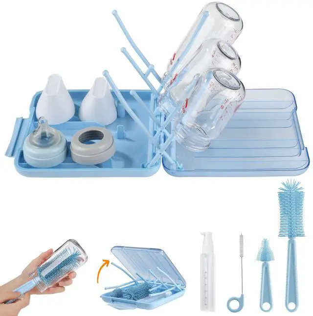 Main image of Bottle Brush Set -Baby Travel Essential-6 in 1 Bottle Cleaner Kit with Silicone Bottle Brush,Nipple Cleaner Brush,Straw Brush,Soap Dispenser,Storage Box,Bottle Drying Rack for Home and Travel(Blue)
