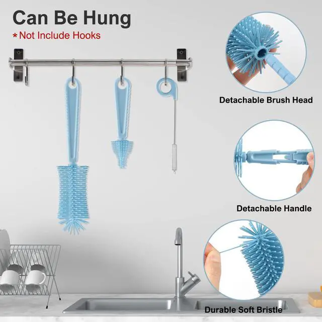 Alt view image 5 of 7 - Bottle Brush Set -Baby Travel Essential-6 in 1 Bottle Cleaner Kit with Silicone Bottle Brush,Nipple Cleaner Brush,Straw Brush,Soap Dispenser,Storage Box,Bottle Drying Rack for Home and Travel(Blue)