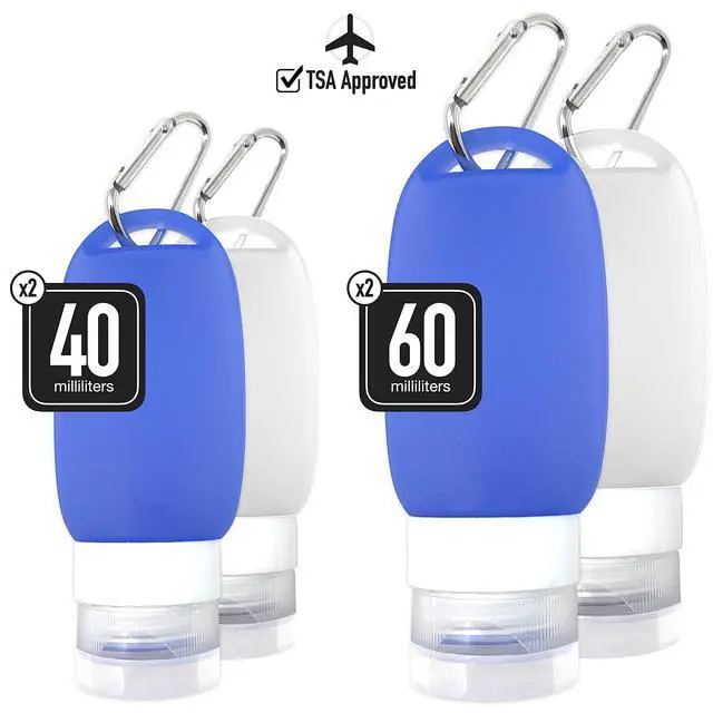 Alt view image 3 of 6 - Silicone Travel Bottle Set, TSA Approved, Leak-Proof Squeeze Bottles for Shampoo, Lotion & Liquids (2 oz & 1.4 oz), Refillable Containers with Carabiner Clips for Easy Carry