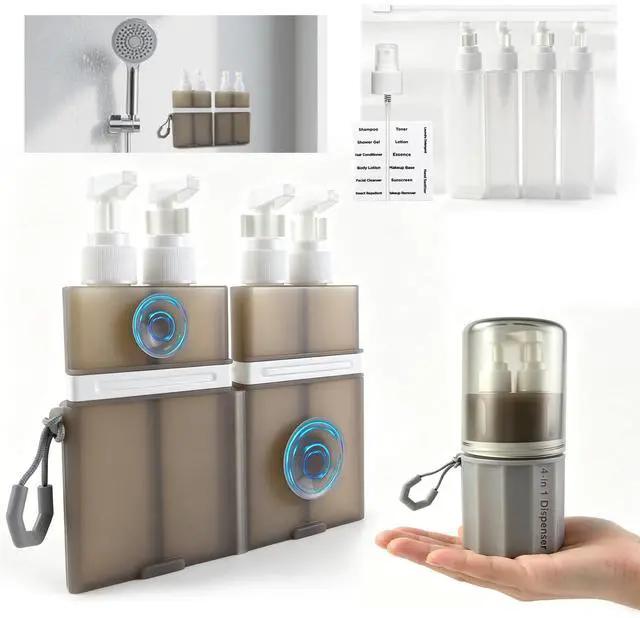 Main image of 4 in 1 Travel DispenserUnbreakable Silicone Travel Dispenser Bottle, Vacuum Suction Wall Mounted Refillable Containers,Leakproof Toiletry Containers for Shampoo, Lotion, Baby Care-Grey.
