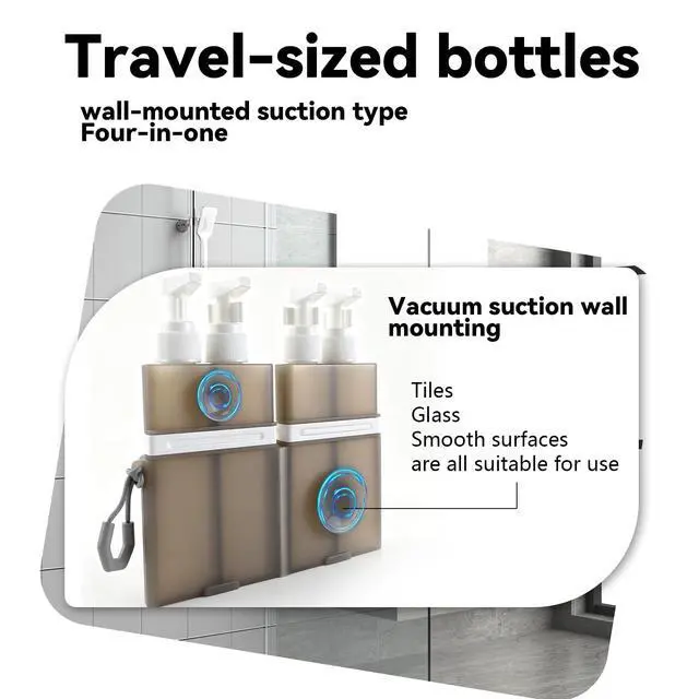 Alt view image 3 of 7 - 4 in 1 Travel DispenserUnbreakable Silicone Travel Dispenser Bottle, Vacuum Suction Wall Mounted Refillable Containers,Leakproof Toiletry Containers for Shampoo, Lotion, Baby Care-Grey.