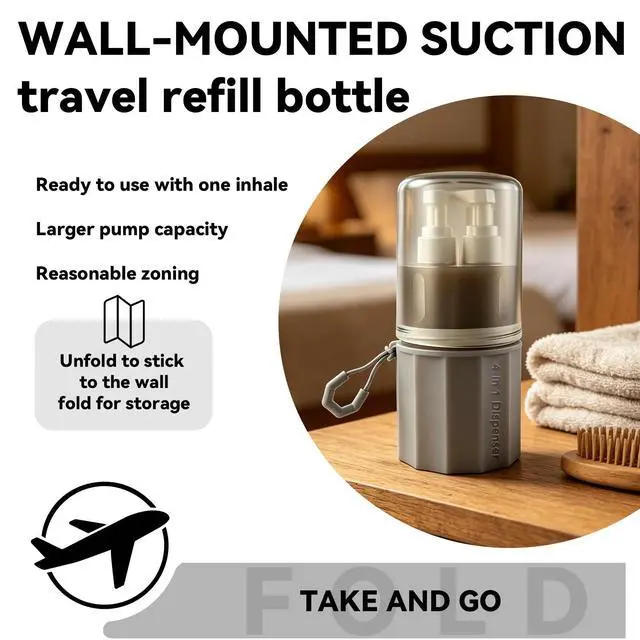 Alt view image 5 of 7 - 4 in 1 Travel DispenserUnbreakable Silicone Travel Dispenser Bottle, Vacuum Suction Wall Mounted Refillable Containers,Leakproof Toiletry Containers for Shampoo, Lotion, Baby Care-Grey.