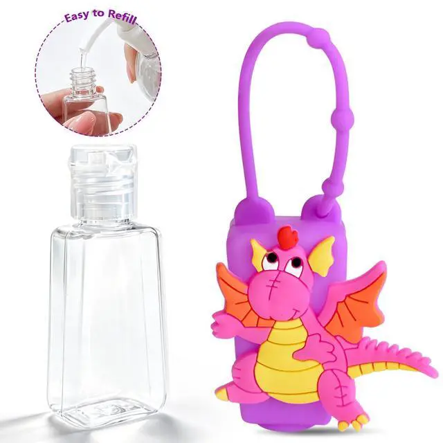 Alt view image 2 of 6 - Travel Size Kids Empty Hand Sanitizer Bottles with Keychain Holder Detachable Silicone Protective Case 30ml Plastic Travel Bottles Leak Proof Refillable Containers - Dinosaur