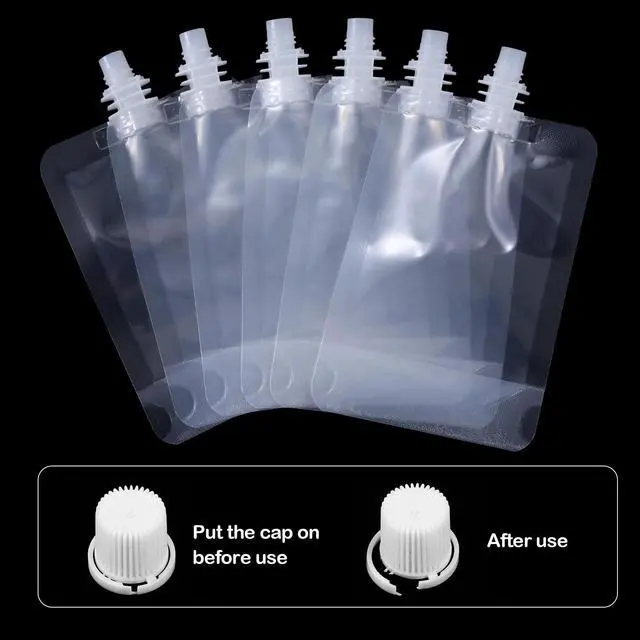 Alt view image 2 of 7 - Portable Plastic Pouches Bulk Reusable Plastic Juice Pouch Clear PET Squeeze Liquid Pouches Leak Proof Water Drink Bags with 2 Foldable Silicone Funnels for Women Men Party Travel, 3.5 Oz