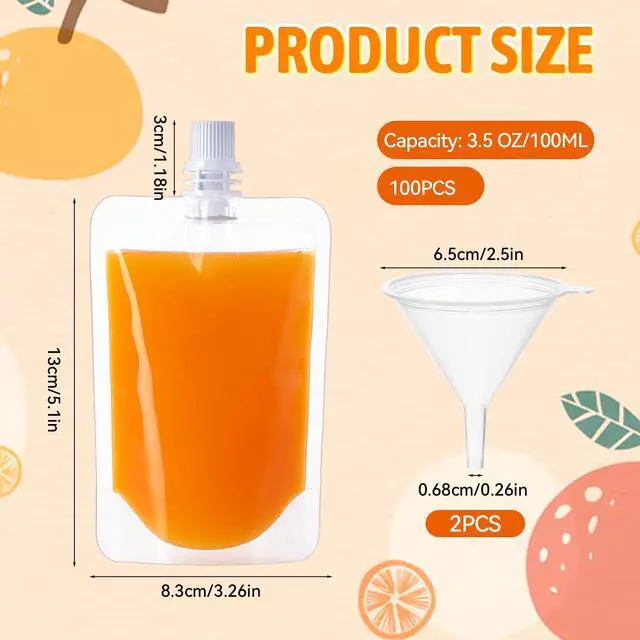 Alt view image 4 of 7 - Portable Plastic Pouches Bulk Reusable Plastic Juice Pouch Clear PET Squeeze Liquid Pouches Leak Proof Water Drink Bags with 2 Foldable Silicone Funnels for Women Men Party Travel, 3.5 Oz