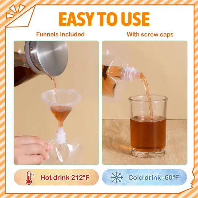 Alt view image 5 of 7 - Portable Plastic Pouches Bulk Reusable Plastic Juice Pouch Clear PET Squeeze Liquid Pouches Leak Proof Water Drink Bags with 2 Foldable Silicone Funnels for Women Men Party Travel, 3.5 Oz