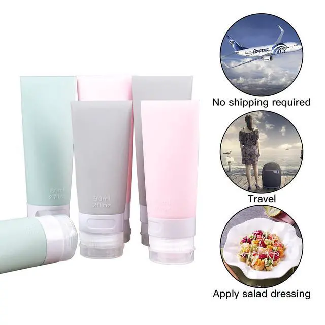 Alt view image 5 of 7 - Portable Soft Silicone Travel bottles Set - 6 Pack Leakproof Silicone Travel Bottles,Cosmetic Toiletry Containers(Pink+Green+Grey)