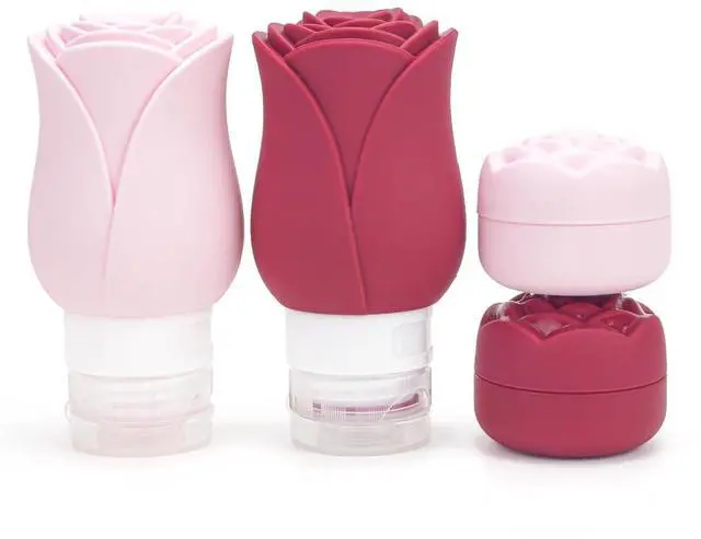 Main image of Travel Containers Bottle for Toiletry 4 Pack 3oz Leakproof TSA Approved & Refillable Mini Cream Jars, Silicone Squeeze Tube Rose Bottles for Shampoo Lotion Body Wash BPA Free +Bag, Red Pink Rose