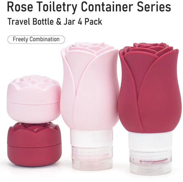 Alt view image 2 of 7 - Travel Containers Bottle for Toiletry 4 Pack 3oz Leakproof TSA Approved & Refillable Mini Cream Jars, Silicone Squeeze Tube Rose Bottles for Shampoo Lotion Body Wash BPA Free +Bag, Red Pink Rose