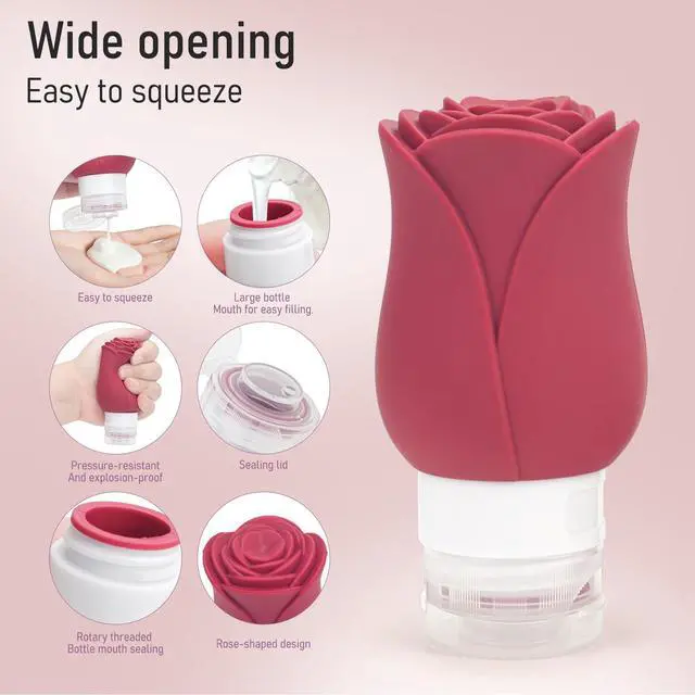 Alt view image 6 of 7 - Travel Containers Bottle for Toiletry 4 Pack 3oz Leakproof TSA Approved & Refillable Mini Cream Jars, Silicone Squeeze Tube Rose Bottles for Shampoo Lotion Body Wash BPA Free +Bag, Red Pink Rose