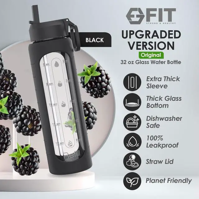 Alt view image 2 of 6 - Glass Water Bottle with Time Marker, 2 Lids, Large Reusable Leakproof