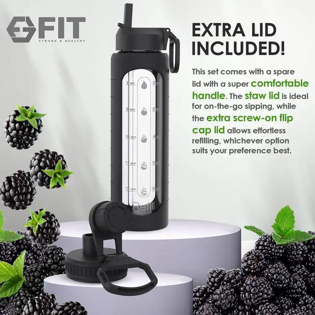 Alt view image 4 of 6 - Glass Water Bottle with Time Marker, 2 Lids, Large Reusable Leakproof