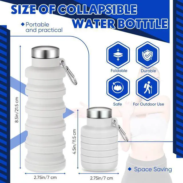 Alt view image 2 of 6 - Collapsible Water Bottles 17oz Travel Sports Portable Water Bottle with Portable Buckle Silicone Lightweight Reusable Leakproof for Camping Hiking Yoga Outdoor(Gray White)