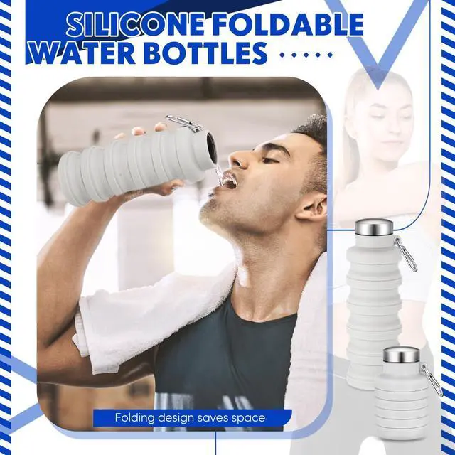 Alt view image 6 of 6 - Collapsible Water Bottles 17oz Travel Sports Portable Water Bottle with Portable Buckle Silicone Lightweight Reusable Leakproof for Camping Hiking Yoga Outdoor(Gray White)