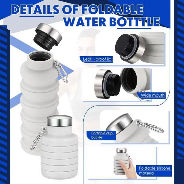 Alt view image 3 of 6 - Collapsible Water Bottles 17oz Travel Sports Portable Water Bottle with Portable Buckle Silicone Lightweight Reusable Leakproof for Camping Hiking Yoga Outdoor(Gray White)