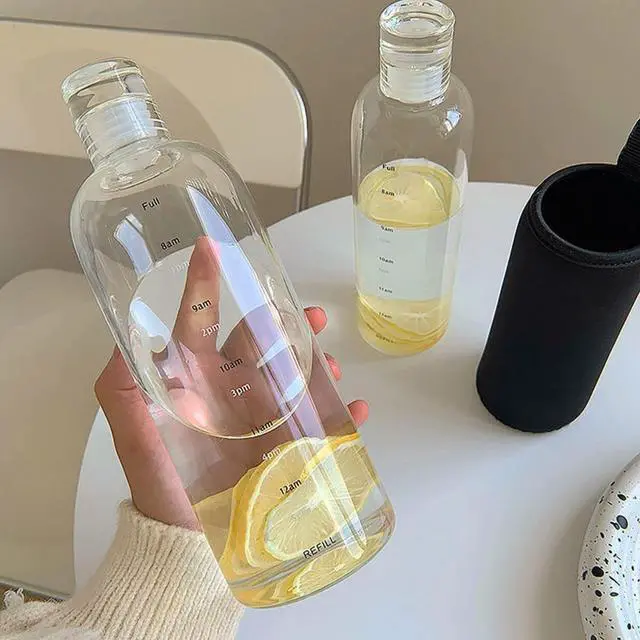 Alt view image 7 of 7 - Clear Glass Water Bottles With Time Marker Non-slip Sleeve And Lids, Reusable Glass Drinking Bottles, Drink Water Bottle 26 OzSuitable For Drinks, Juices, Sodas, Coke, As Gifts Etc.(750ml)