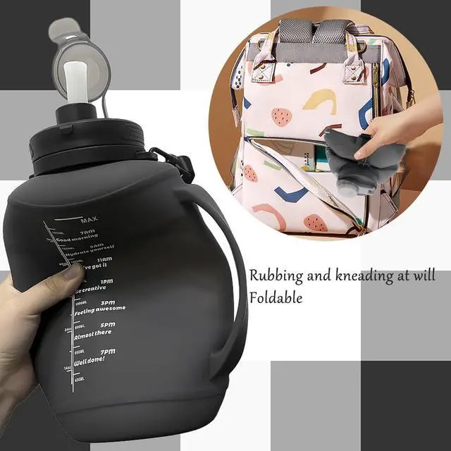 Alt view image 6 of 7 - Collapsible Silicone Water Bottle with Straw, BPA-Free, Foldable Travel Bottle Portable for Gym, Hiking, Camping (Black)