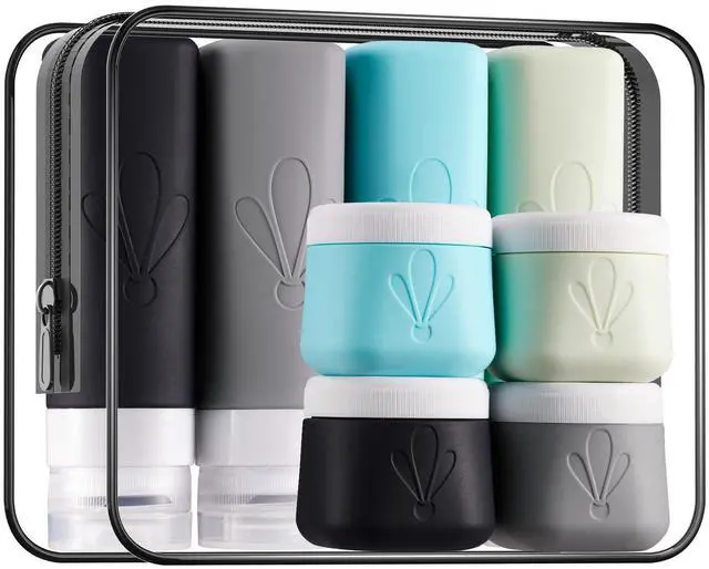 Main image of travel bottles for toiletries 8 Pack, Leak proof Travel Size Toiletries Containers with toiletry bag, Squeezable Silicone Bottles & Cream Jars, Travel Essentials BPA-Free kit for Shampoo