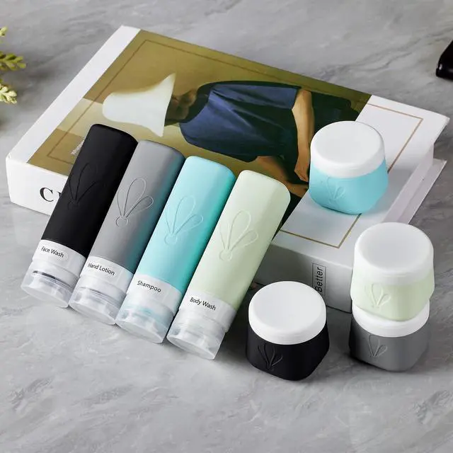 Alt view image 4 of 7 - travel bottles for toiletries 8 Pack, Leak proof Travel Size Toiletries Containers with toiletry bag, Squeezable Silicone Bottles & Cream Jars, Travel Essentials BPA-Free kit for Shampoo