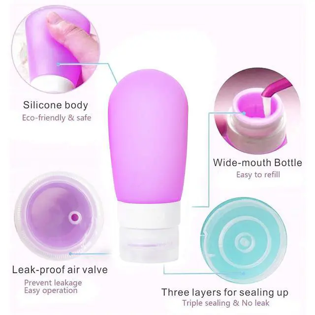 Alt view image 2 of 7 - Travel Bottles for Toiletries, 2.7oz Silicone Travel Size Containers, 3 Pack TSA Approved Leak-Proof Reusable Squeezable Refillable Shampoo and Conditioner Bottles (Pink, Purple, Green)