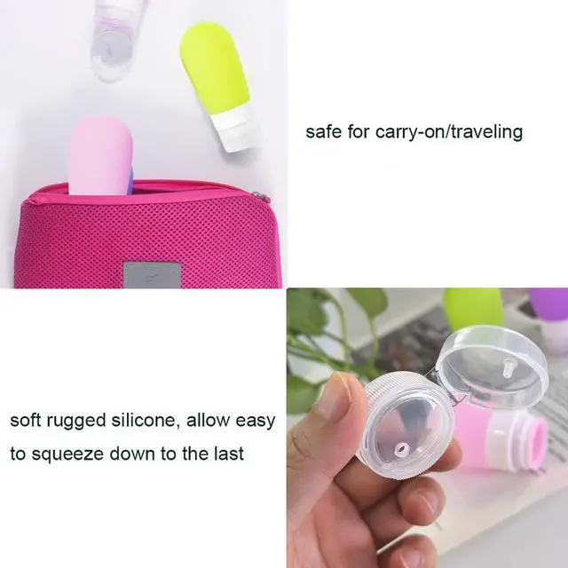 Alt view image 7 of 7 - Travel Bottles for Toiletries, 2.7oz Silicone Travel Size Containers, 3 Pack TSA Approved Leak-Proof Reusable Squeezable Refillable Shampoo and Conditioner Bottles (Pink, Purple, Green)