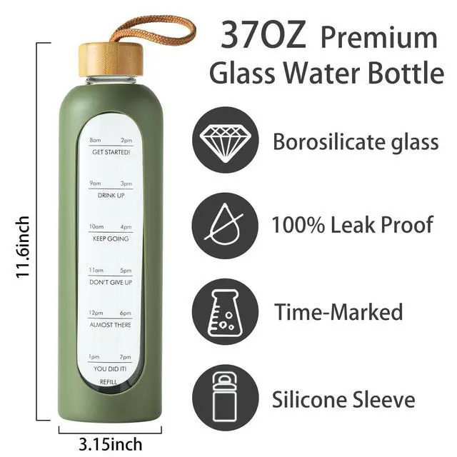 Alt view image 2 of 7 - Glass Water Bottle, Portable Fitness Water Bottles with Silicone Sleeve, Lead-free Reusable Water Bottle Glass for Gym Office Travel, Creative gifts for fitness enthusiasts (Green)