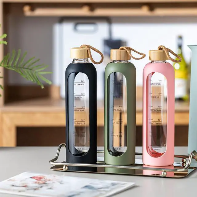 Alt view image 3 of 7 - Glass Water Bottle, Portable Fitness Water Bottles with Silicone Sleeve, Lead-free Reusable Water Bottle Glass for Gym Office Travel, Creative gifts for fitness enthusiasts (Green)