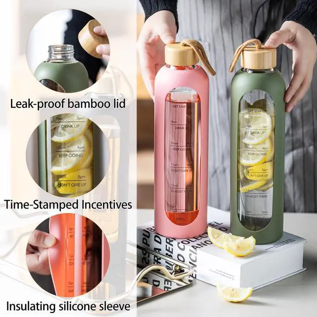 Alt view image 4 of 7 - Glass Water Bottle, Portable Fitness Water Bottles with Silicone Sleeve, Lead-free Reusable Water Bottle Glass for Gym Office Travel, Creative gifts for fitness enthusiasts (Green)