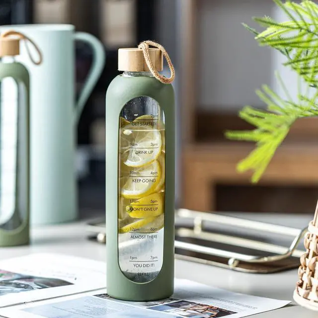 Alt view image 6 of 7 - Glass Water Bottle, Portable Fitness Water Bottles with Silicone Sleeve, Lead-free Reusable Water Bottle Glass for Gym Office Travel, Creative gifts for fitness enthusiasts (Green)