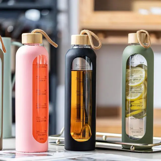 Alt view image 5 of 7 - Glass Water Bottle, Portable Fitness Water Bottles with Silicone Sleeve, Lead-free Reusable Water Bottle Glass for Gym Office Travel, Creative gifts for fitness enthusiasts (Green)