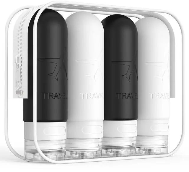 Main image of Travel Bottles for Toiletries,3oz Silicone Travel Size Containers, TSA Approved Squeezable Portable Split Bottle, Travel Accessories for Conditioner Shampoo Lotion - 4 Pack Black/White