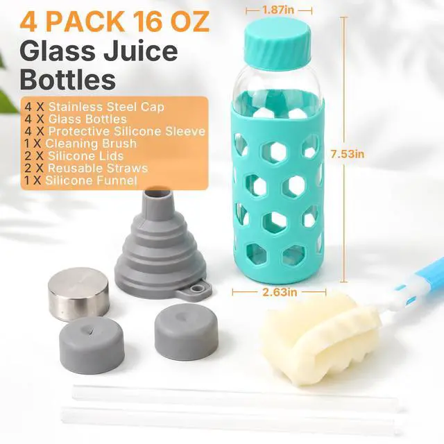Alt view image 2 of 7 - Glass Juice Bottles with Lids, 4 Pack