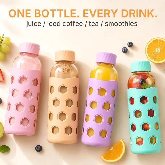 Alt view image 5 of 7 - Glass Juice Bottles with Lids, 4 Pack