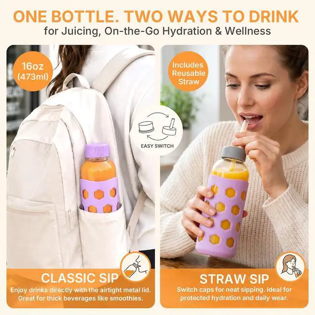Alt view image 6 of 7 - Glass Juice Bottles with Lids, 4 Pack