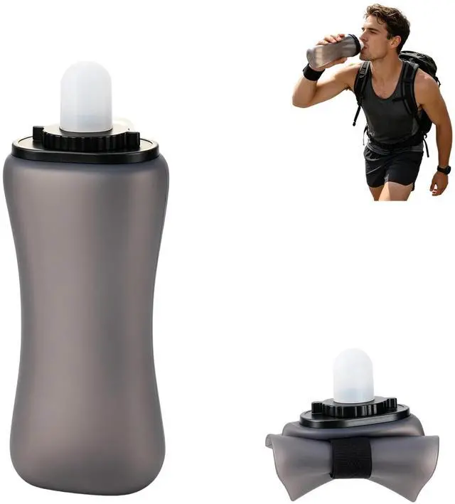 Main image of Running Water Bottle 350ml, Collapsible Silicone Water Bottle with Strap, Leak-Proof, for Running, Hiking, Cycling, Travel (Black)