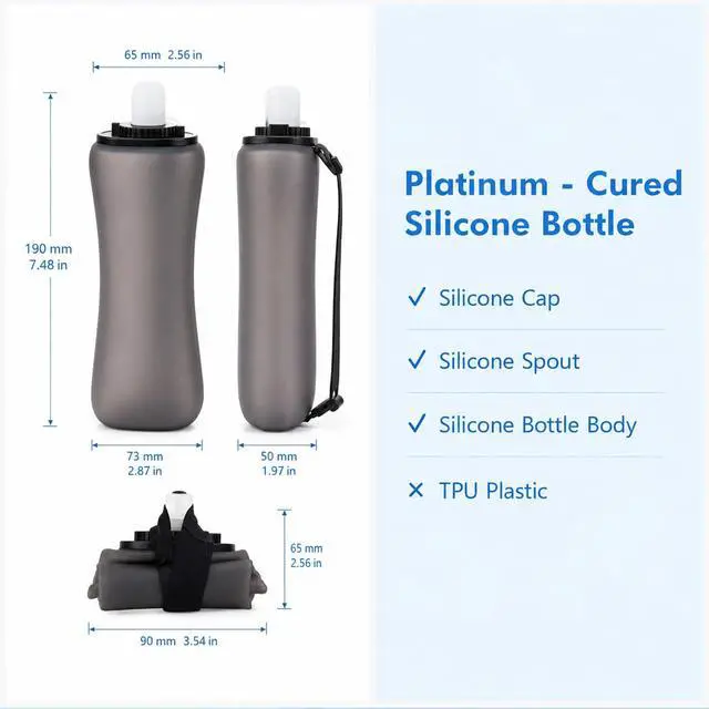 Alt view image 3 of 7 - Running Water Bottle 350ml, Collapsible Silicone Water Bottle with Strap, Leak-Proof, for Running, Hiking, Cycling, Travel (Black)